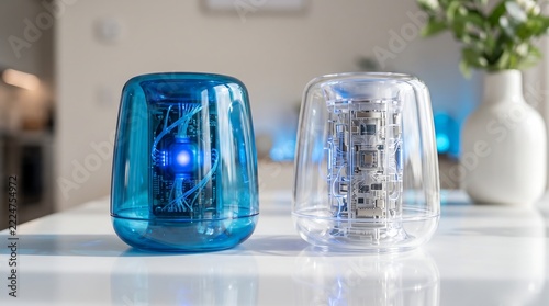 Two modern portable air purifiers sitting on a white table indoors