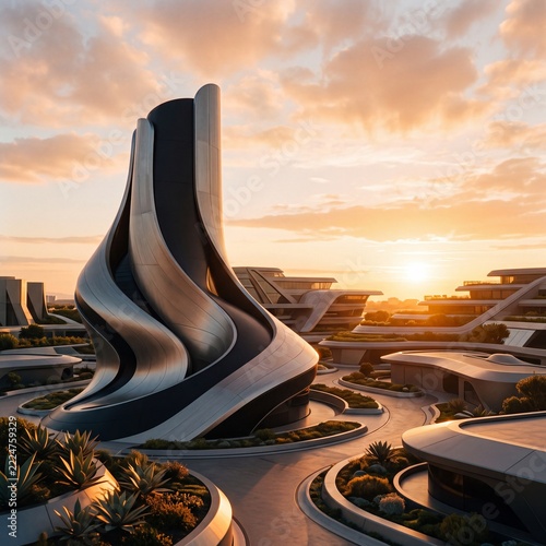 Futuristic Cityscape with Modern Architecture at Sunset.