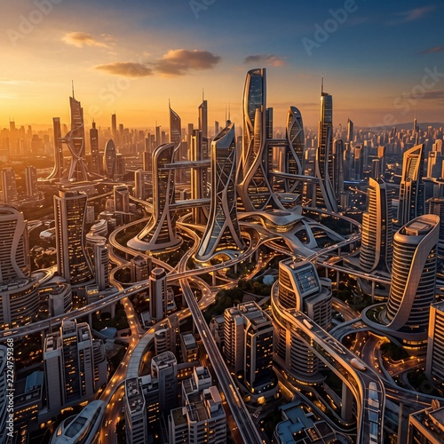 Futuristic Cityscape with Skyscrapers and Elevated Roads at Sunset.