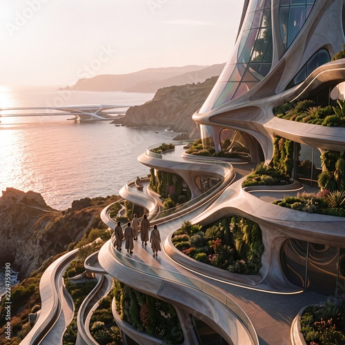 Futuristic Cliffside Architecture with Ocean View at Sunset.