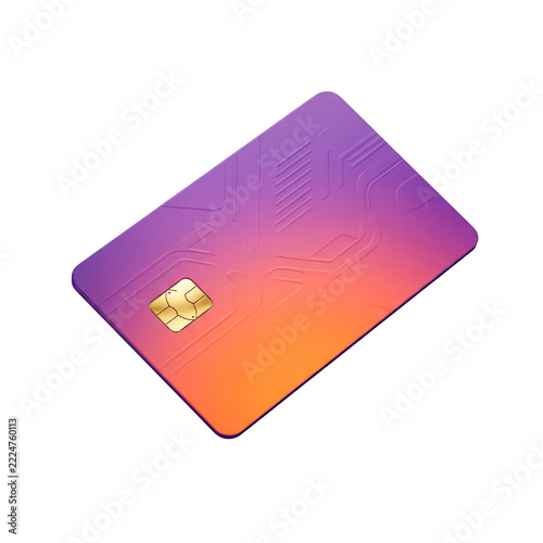 Modern credit card with futuristic circuit board design in gradient purple and orange colors and gold chip PNG Isolated on transparent background