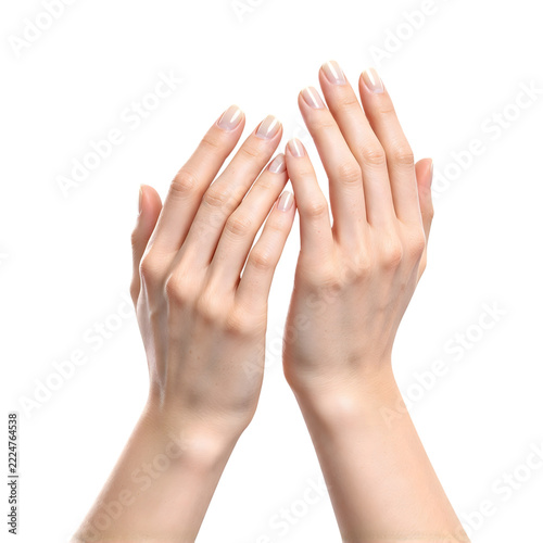 Elegant Female Hands with Natural Manicure on White Background