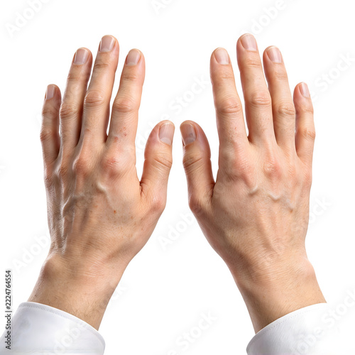 Close up of two human hands with visible veins and skin texture against a white background