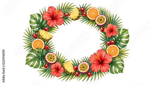 Watercolor Tropical Christmas Wreath with Hibiscus Pineapple Palm Leaves and Orange Slices