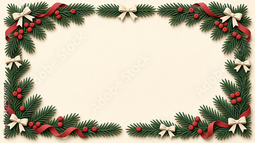 Papercut Christmas Card Frame with Paper Pine Branches Berries and Ribbon Empty Center