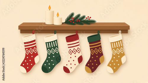 Flat Vector Christmas Stockings Hanging on Wooden Mantel with Greenery and Candles