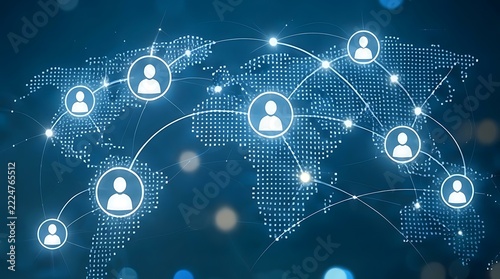 Global Network Connection Concept with Dotted World Map and Human Avatar Icons Representing Worldwide Communication, Social Media Networking, and Digital Technology Infrastructure on Blue Background.