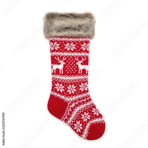 A vibrant red and white knitted Christmas stocking with a soft faux fur trim, isolated on a clean white background for seasonal holiday use, white, design, hanging