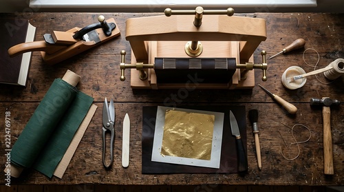 Vintage Leatherworking Tool Set on Rustic Wood with Brass Machines and Green Spool