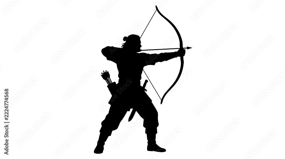 Fototapeta premium Black Silhouette of a Medieval Archer Aiming a Bow and Arrow, Traditional Warrior or Hunter Vector Illustration Isolated on White Background