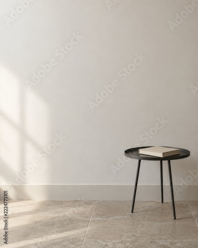 Black metal side table against a pale wall