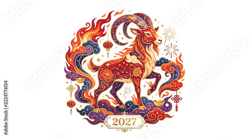 Celestial Fire Goat 2027 Chinese Lunar New Year Festive Vector Artwork