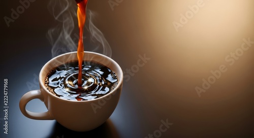 A rich brown coffee stream pours into a mug, creating shimmering light reflections and delicate ripples on the dark liquid surface, coffee, bokeh, shimmer