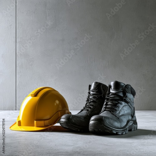 Yellow safety hard hat and leather boots on concrete floor with copy space