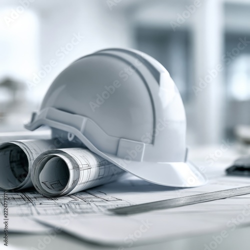 White safety hard hat and architectural blueprints on engineer desk in office