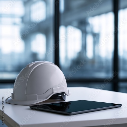 White safety hard hat and digital tablet on office desk in modern factory