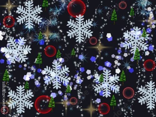Festive winter background with glowing snowflakes, sparkling lights, and little Christmas trees