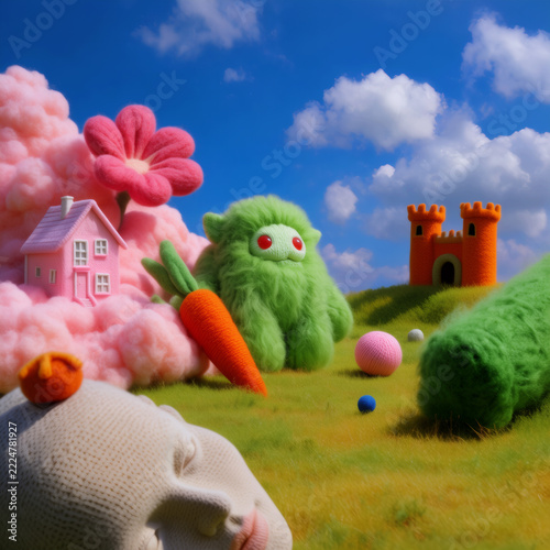 Colorful Fantasy Toy Landscape with Cute Monster and Castle
