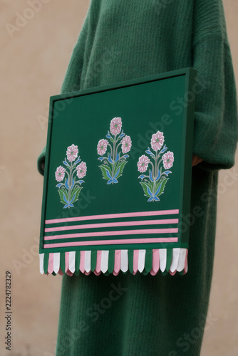 Green Floral Embroidered Textile with Tassel Fringe