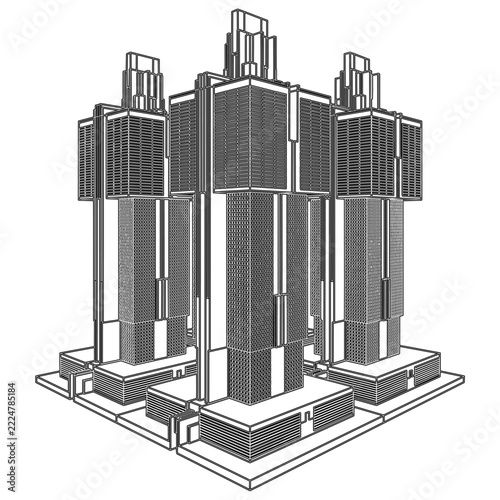 Urban City Of Skyscrapers Panorama Vector. Megalopolis City Landscape View. Illustration Of Construction Isolated On a White Background.