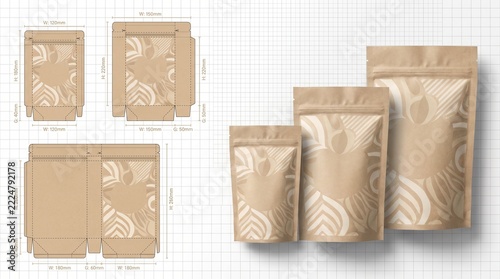 Kraft Paper Pouch Packaging Dieline and 3D Mockup on Grid Background