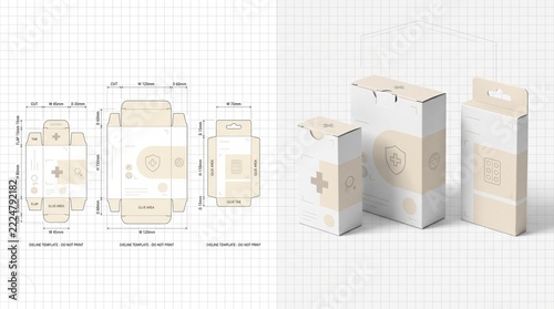 Medical Box Packaging Dieline Template and 3D Pharmaceutical Mockup
