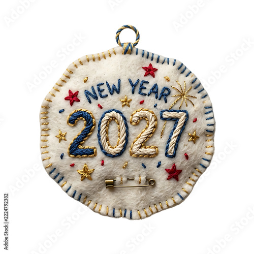 Embroidered 2027 new year felt ornament decoration isolated on transparent background