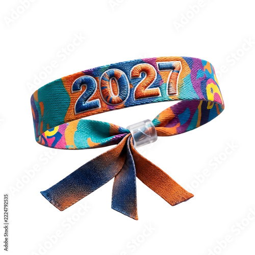 Colorful fabric wristband with 2027 embroidered text isolated on transparent background