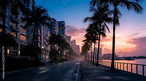Tropical Cityscape at Dusk with Palm Trees and Ocean View.