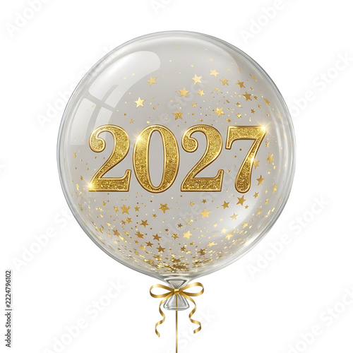 Clear balloon with gold 2027 text and confetti for new year isolated on transparent background