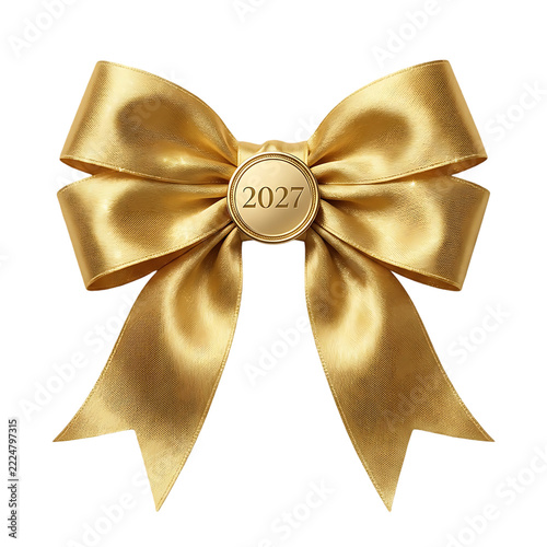 Shiny golden ribbon bow for holiday gift decoration isolated on transparent background