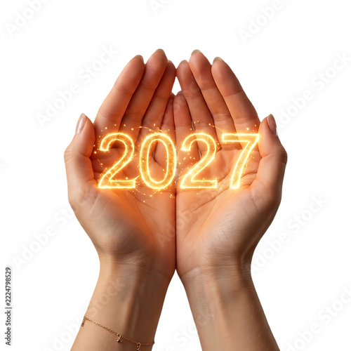 Hands holding glowing neon number 2027 for new year celebration isolated on transparent background