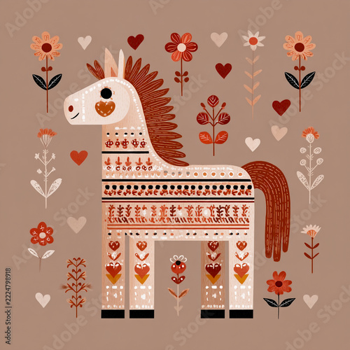 Folk Patterned Dala Horse Surrounded by Hearts and Flowers