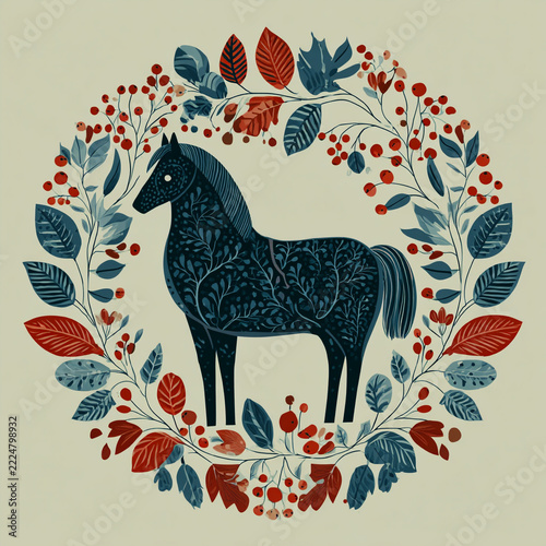 Nordic Folk Art Horse with Leaf and Berry Wreath