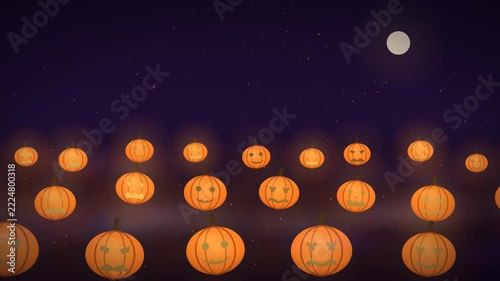 Spooky Halloween Night: Animated Jack-o'-Lanterns glowing under a dark night sky with a full moon and flying bats