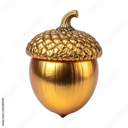 Golden acorn nut isolated as a shiny metallic autumn symbol for seasonal decoration design projects on transparent background
