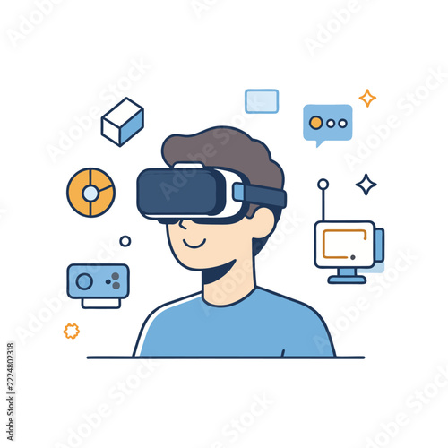 Young man wearing virtual reality headset vr technology vector illustration