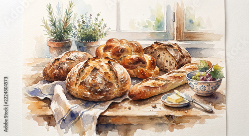 Watercolor assortment of rustic bread loaves on a kitchen table