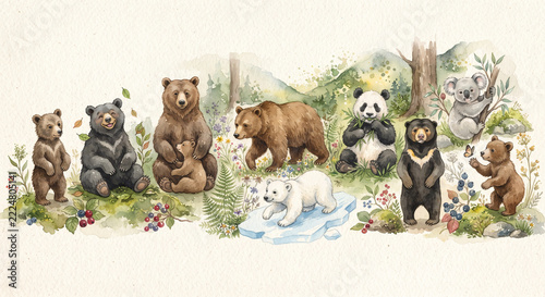 Watercolor bear species collection with cubs panda and koala