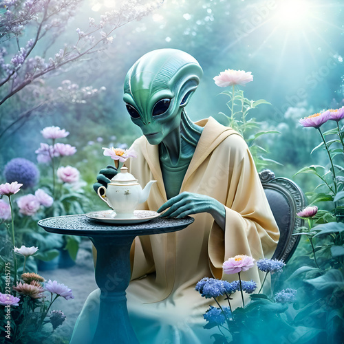 blue alien drinking  tea in garden  around blossoming flowers. close up. Digital artwork.  Ai generated