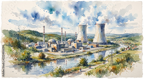 Watercolor power plant cooling towers in a green river valley