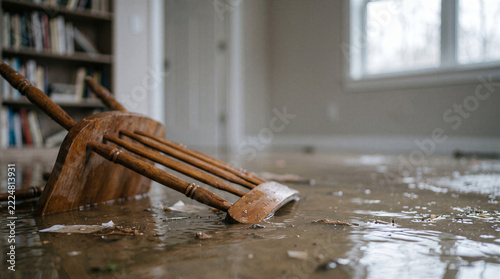 Flooded living room interior with a wooden chair lying on the wet floor after a water damage disaster