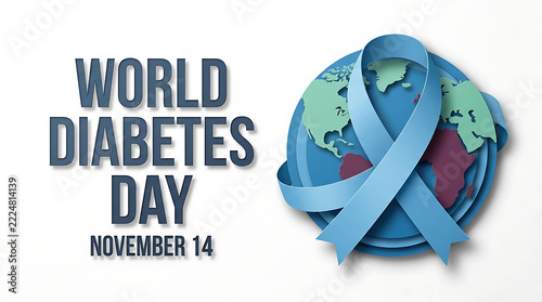 World diabetes day blue ribbon wrapped around globe