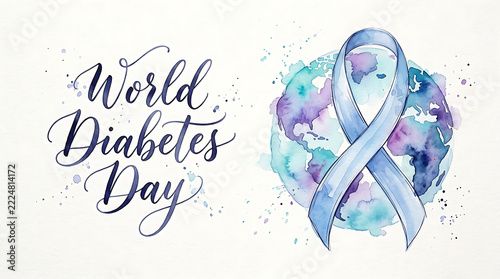 Watercolor world diabetes day text with blue awareness ribbon