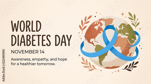 World diabetes day campaign graphic with globe and blue ribbon