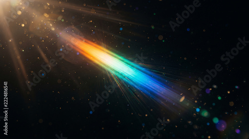 Abstract rainbow colorful light beam shining. Grunge film background, Retro film overlay effect, scratch dust and ray, cinematic grain worn texture, old film burn lens flare on black background