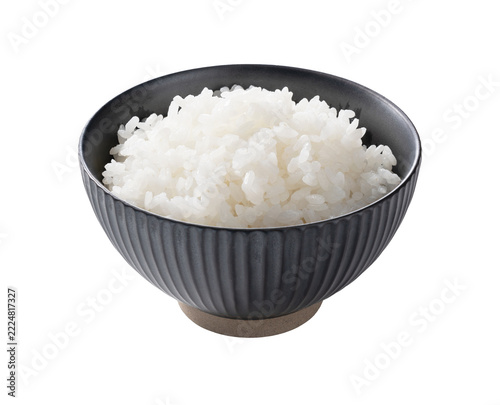 Steamed white rice in a black ceramic bowl isolated on transparent background