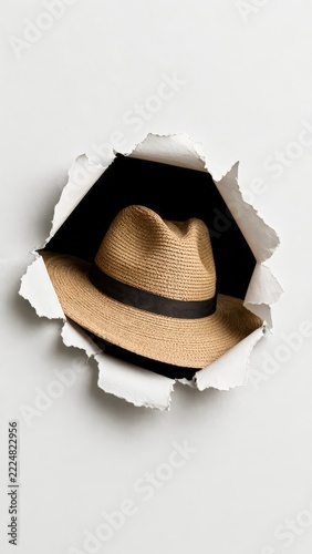 Straw fedora placed within torn paper opening