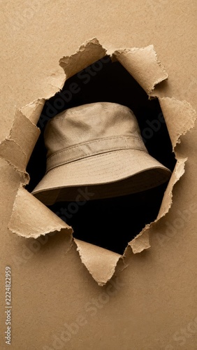 Beige bucket hat visible through torn hole in cardboard paper