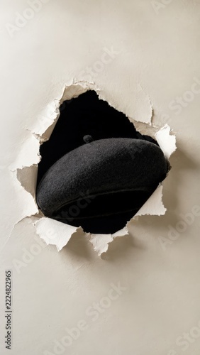 Black beret revealed through torn paper background